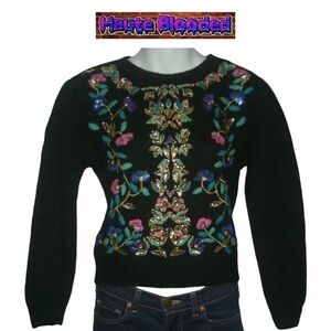 Vintage 80s Art Deco Dynasty Lambswool Embroidered Sequin Metallic Sweater P